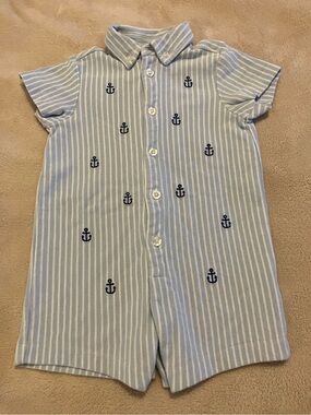 Little Me Baby Boy 9M Blue Stripe Anchor Romper Nautical